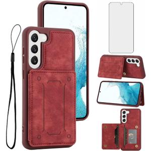 Phone Case for Samsung Galaxy S23 5G Wallet Cover with Tempered Glass Screen Protector and Slim Credit Card Holder Stand Magnetic Cell Accessories S 23 23S GS23 G5 SM-S911U 6.1 inch Women Men Boys Red