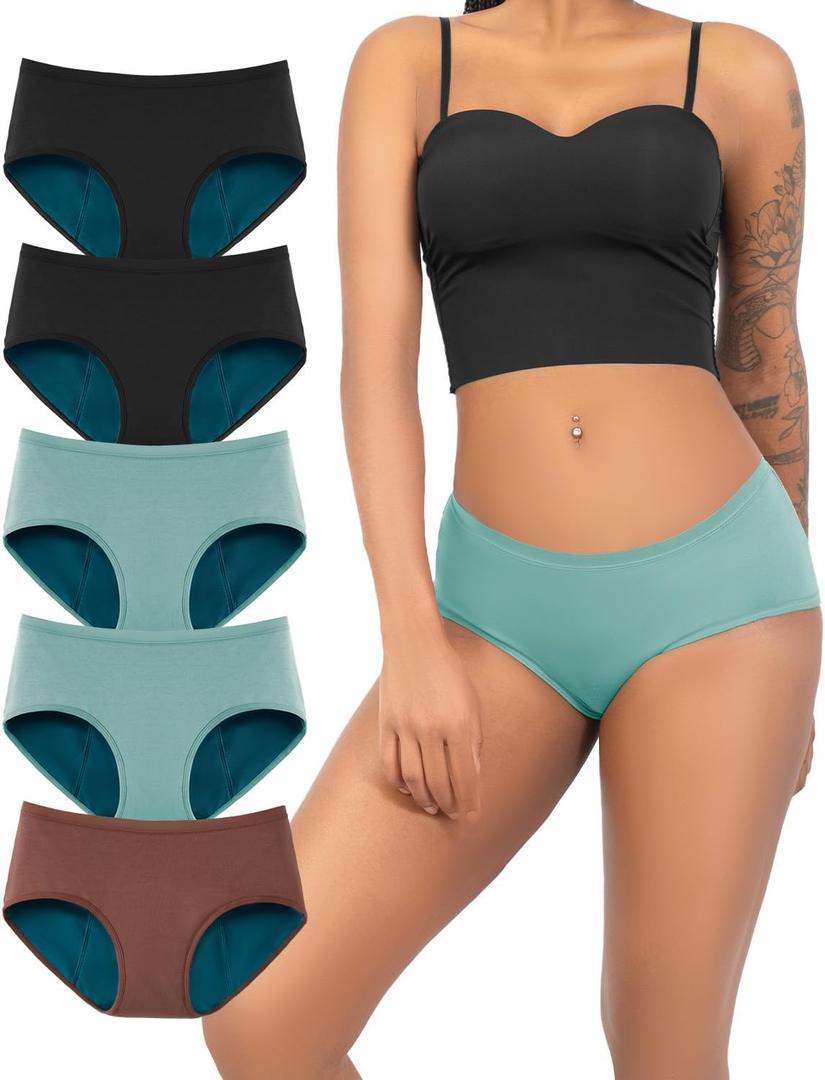 TIICHOO Period Underwear for Women Heavy Flow Soft Menstrual Panties Teens Ladies Leakproof Incontinence 5 Pack (Large, 2 Black/2 Turquoise/1 Brown)