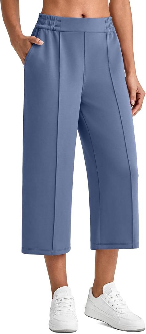 G4Free Smoofit Capri Pants for Women Wide Leg Yoga Pants High Waist Summer Travel Casual Pants with Pockets (Blue, S)