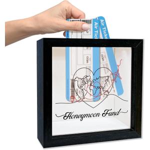 Honeymoon Fund Box, Wedding Money Box with Slot, Wooden Loving Honey Moon Fund Shadow Boxes, Honeymoon Gifts for Newlyweds, Travel Memory Frame for Wedding Reception Bridal Shower -A06