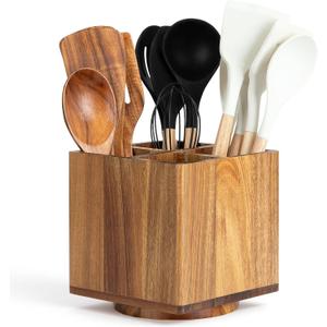 Acacia Wood Extra Large Rotating Utensil Holder for Kitchen Counter, Wooden Utensil Holder with 4 Compartments