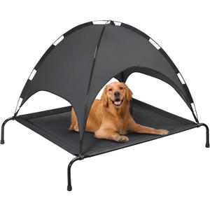 PRAISUN XL Outdoor Dog Bed with Canopy, Elevated Dog Bed, Textilene Mesh, Metal Frame for Indoors, Outdoors, Lawn, Black