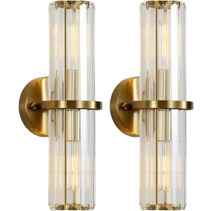 Crystal Wall Sconce Set of 2, Gold Crystal Bathroom Wall Light, Modern Sconces Wall Decor 2-Light Luxury Indoor Wall Lamp 15.7-Inch for Living Room, Hallway, Mirror, Bathroom, Vanity E26