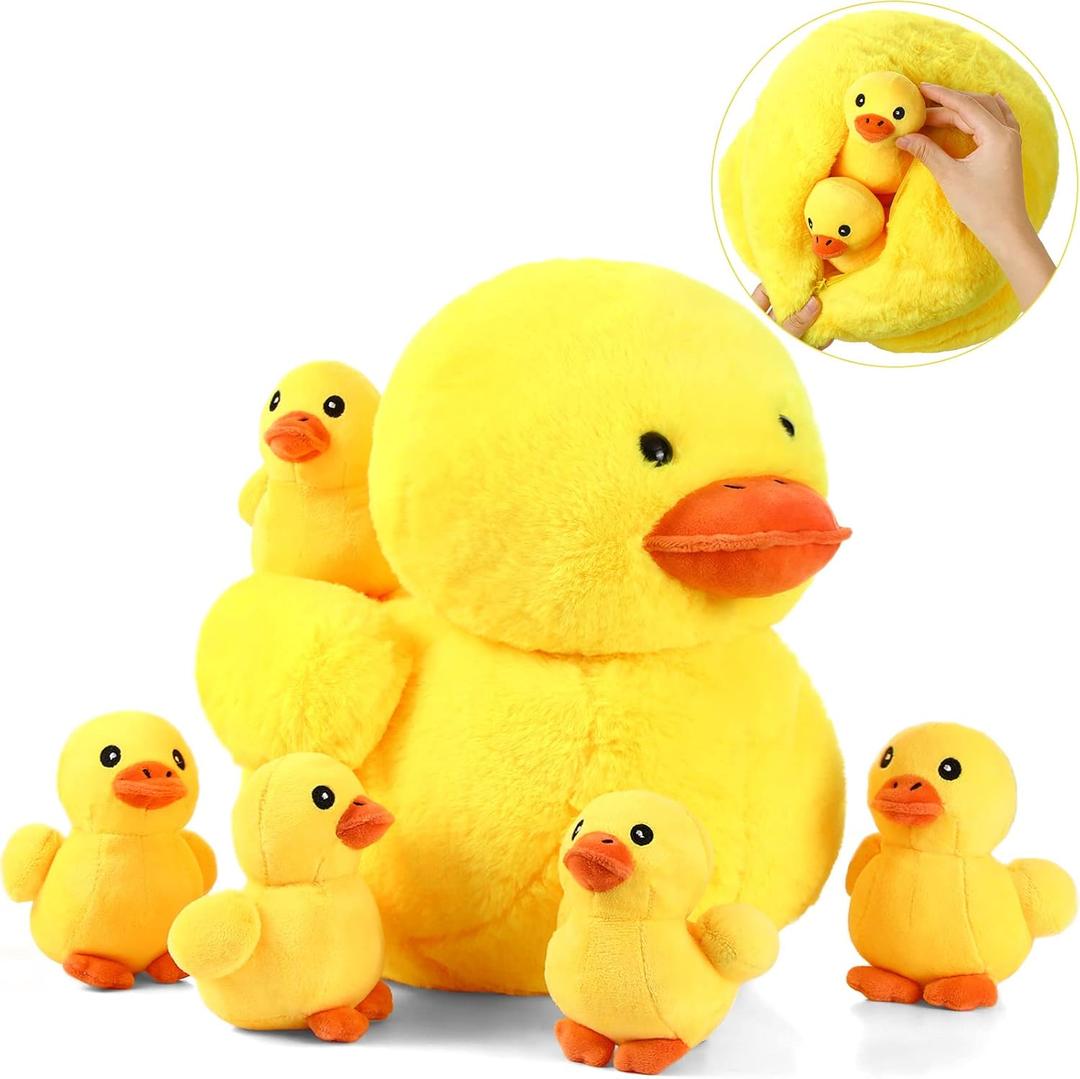 Kasyat 6 Pcs Yellow Duck Stuffed Animal Play Set, Mother with 5 Little Duck Plush, Stuffed Animals Plushie Soft Huggable Plush with Zipper Pouch Toy for Kids Nursery Birthday Gift Party Decor