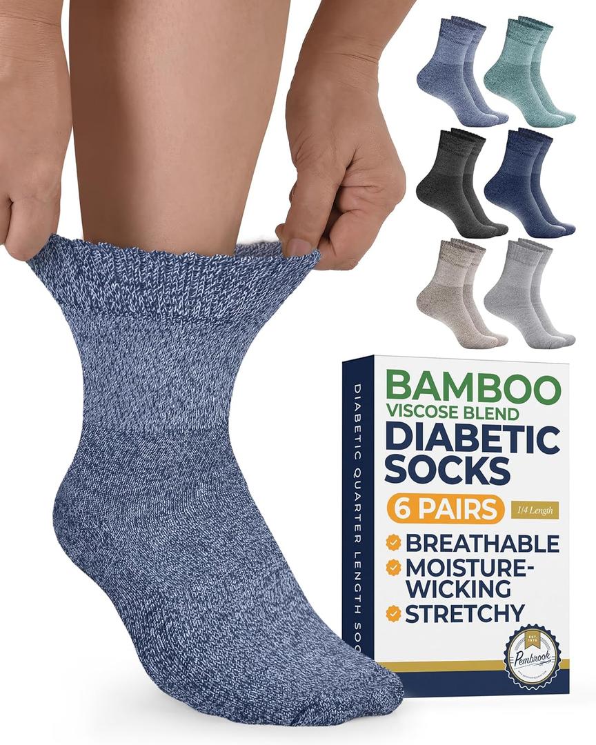 Pembrook Bamboo Viscose Diabetic Socks for Women & Men - 6 Pairs Ankle Socks for Swollen Feet | Neuropathy Socks (Large, Blues & Neutrals Pack - 6 Pairs)