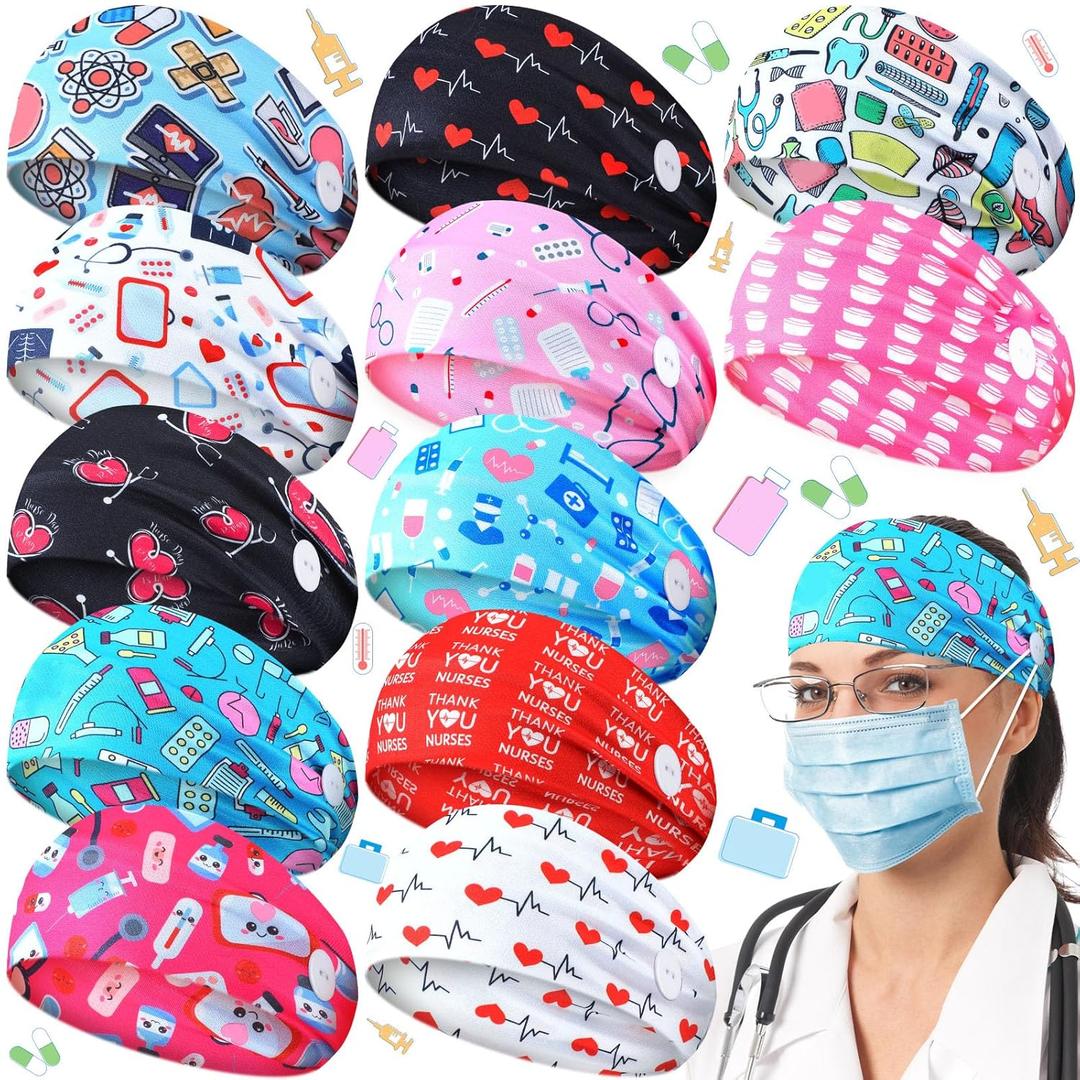 Jexine 12 Pcs Nurse Headbands for Women Non Slip Nursing Headbands with Buttons Dental Assistant Accessories Hygienist Doctor Gifts Elastic Hair Bands (Stylish)