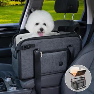 YUDODO 18lbs Dog Car Seat (Width >9in) for Small Dog Center Console with Removable Cushion Puppy Cat Travel Portable Booster Seat Anti-Slip Pet Car Bed Carseat PU Leather(Dark Gray)
