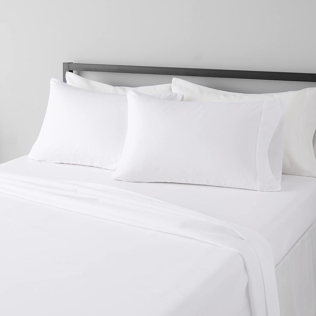 Amazon Basics Breathable, Machine Washable, Wrinkle Resistant Microfiber 4-Piece Bed Sheet Set with 14-Inch Deep Pockets, King, Bright White, Solid