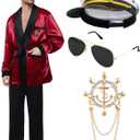 Halloween Hugh Hefner Costume Red Silky Robe Jacket & Pajama Pants Captain Costume Set with Hat Sunglasses Pipe Pin (Small)