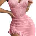 Sexy Corset Bodycon Ruffle Sheer Underwire Mesh Lace Floral Outfits Babydoll Lingerie Set Dress with Thong 2 Piece (XL, Pink)