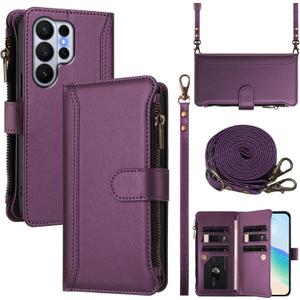 Wallet Case for Google Pixel 10a (2026), with 1 Long Shoulder Strap, 1 Short Wrist Strap, 9 Card Slots, 1 Cash Pocket, Wireless Charging, Magnetic Closure, Kickstand (Purple)