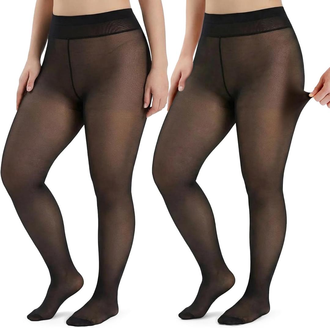 Eurzom 2 Pairs Plus Size Fleece Lined Tights Women Winter Thick Thermal Leggings Cozy Stretchy Pantyhose for Cold Weather (Black)