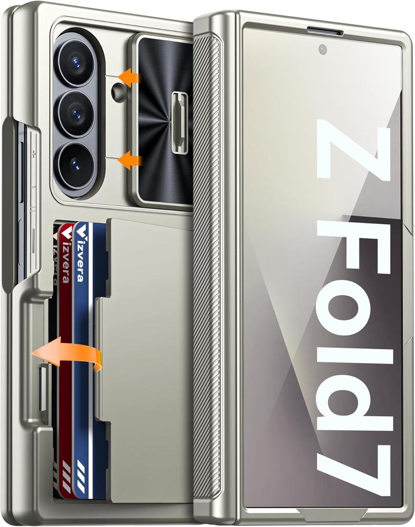 Vizvera for Samsung Galaxy Z Fold 7 Case RFID Wallet with Cards Holder [Hinge Cover] [Camera Cover] Shockproof Silicone Protective Phone Case for Z Fold 7 2025-Natural Titanium