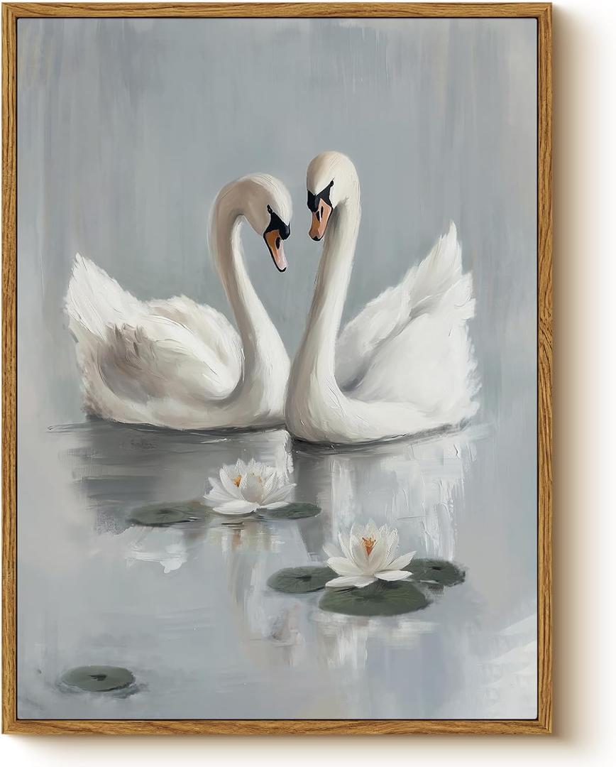 Vintage Romantic Swan Couple Framed Wall Art 12x16 Canvas Print, Two White Swans on Serene Lake with Water Lilies, Rustic Animal Bird Nature Painting Bedroom Hallway Wedding Decor (16L" x 12W")