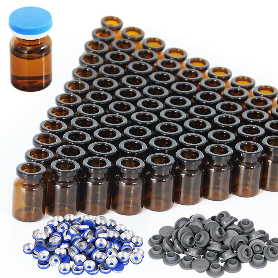 3ml Amber Glass Vials-1 Dram Amber Glass Headspace Vials with Plastic-Aluminum Flip Caps and Rubber Injection Stoppers, 100 Pack, 20mm Flat Bottom Lab Vial