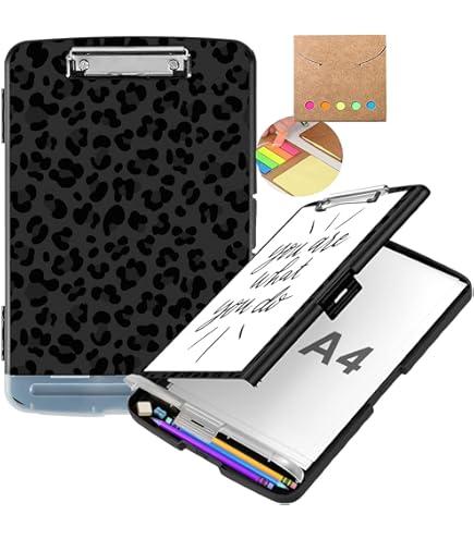 Clipboard with Storage,Heavy Duty Plastic Storage Clipboard with Low Profile Clip, Teacher Must Haves, Office Supplies,Black Leopard Print