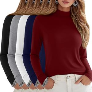 5 Pack Women's Cotton Mock Turtleneck Long Sleeve T-Shirts, Basic Tops Slim Fitted Stretch Underwear Layer Tee (X-Large, Burgundy, Navy Blue, White, Light Gray, Black)