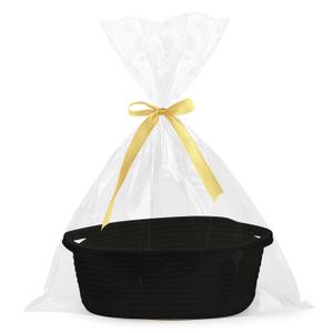 Pro Goleem Small Woven Basket with Gift Bags and Ribbons Durable Baskets for Gifts Empty Small Rope Basket for Storage 12"X 8" X 5" Baby Toy Basket with Handles, Black