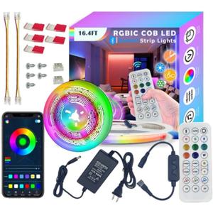COB Strips Light 16.4FT/5m IC+RGB Smart Lights Magic Color 24V DC with RF Remote Software Control,24V 60W with Adapter for Home & Office DIY Lighting, Lighting Decor Party Holiday
