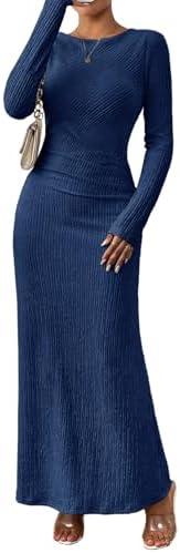 MITILLY Fall Dress for Women 2025 Long Sleeve Maxi Dress Formal Crew Neck Bodycon Ruched Cocktail Party Dresses, Medium