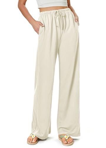 keriffe Summer Outfits Flowy Palazzo Pants for Women 2025 High Waisted Wide Leg Beach Casual Vacation Pants Trousers Pockets Apricot XXL