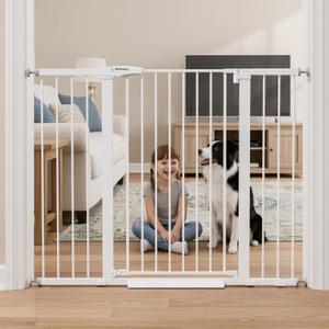 Mumeasy 36" Extra Tall Baby Gate for Stairs, 29.7-51" Wide Dog Gates Indoor for Doorways with Easy Walk Thru, Auto Close Pet Safety Gate for House, Pressure Mounted Metal Child Gate with Door, White