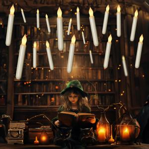Homemory 24 Pcs Hanging Floating Candles, NO Remote, Flameless Taper Candles Battery Operated, 6.5" Warm Yellow Flickering Flame Candlesticks, Dripless LED Handheld Candles Lights for Halloween Xmas
