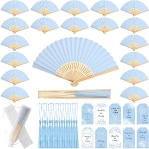 Marsui 100 Set Folding Fans Wedding Fans Bamboo Hand Held Sandalwood Fans with Thank You Cards, Tassels and Gift Bags for Wedding Guests Party Favors Bridal Shower Church Decoration (Light Blue)
