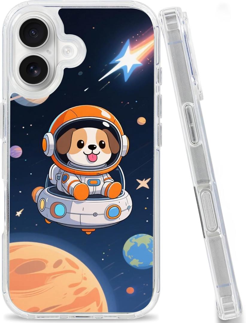 USLAI Case for iPhone 16, with Cute Pattern Design, Slim Fit, Shockproof Drop Protection, Supports Wireless Charging - Astro Doggy