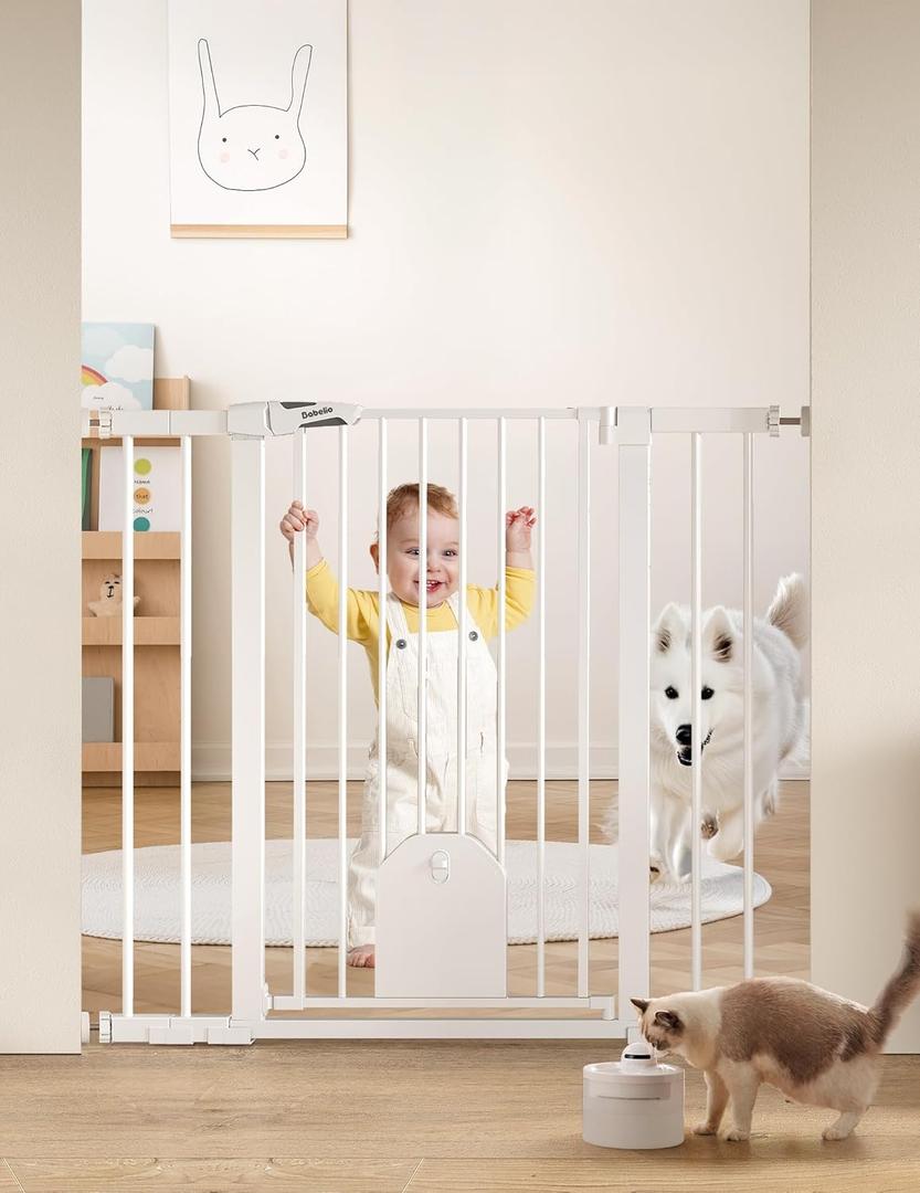 Babelio 36" Tall Auto Close Baby Gate with Small Cat Door, 29-43" Metal Cat Gate for Doorway, Stairs, House. Easy Walk Thru Dog Gate with pet Door, Includes 4 Wall Cups and 3 Extension Pieces, White