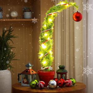 2ft Whimsical Christmas Tree Large Lime Green Artificial Curved Prelit Xmas Tree with Red Ball and 30 LED Light String for Indoor Outdoor Porch Christmas Decorations