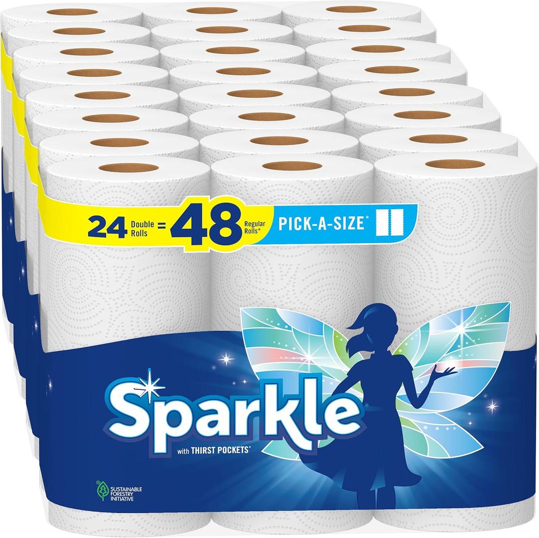 Sparkle Pick-A-Size Paper Towels, 24 Double Rolls (2,640 Sheets Total) - Strong 2-Ply Towels for Kitchen Cleanup and Everyday Messes
