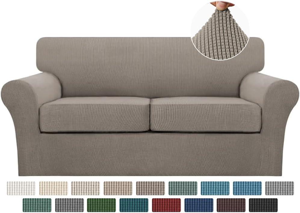 Turquoize 3 Piece Sofa Covers for 2 Cushion Couch Sofa Slipcover Soft Couch Cover for Dogs-Washable Sofa Furniture Covers with 2 Individual Cushion Covers Jacquard Fabric (2 Cushion Sofa, Taupe)