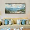 Sea Beach Framed Canvas Wall Art Vintage Seascape Prints Wall Decor Ocean Sailboat Seagull Pictures Beach Bird Reed Painting Artwork Living Room Bedroom Decoration 29" X 58"