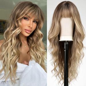Ombre Blonde Wigs with Bangs,Blonde Highlight Long Wavy Wig for Women,Long Curly Synthetic Hair Wig for Party Cosplay Daily Use 24IN