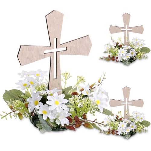 Novabright 3 Pcs Wooden Cross Table Centerpieces with 3 Pcs Floral Wreaths Standing Religious Decorations for First Communion, Baptism, Christening, Confirmation, Wedding Decor (White Wreath)