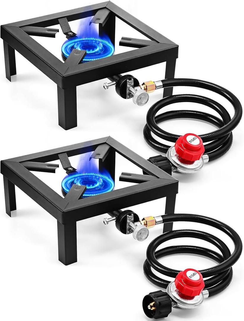 Suclain 2 Pcs Single Burner Propane Stove Camp Stove with Regulator and Hose Square Outdoor Heavy Duty Propane Burner Cooker for Kitchen, Home Brewing, Camping, Barbecue Grilling, Garden