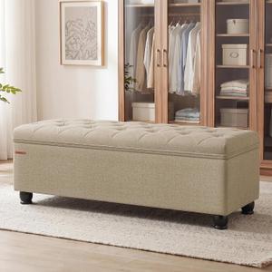 SONGMICS Storage Ottoman, 46.5 Inches Bedroom Bench, Solid Wood Legs
Buttons Decoration, Non-Slip Foot Pads, 330.7 lb Load Capacity, Tan, MACEO Collection ULOM070K01