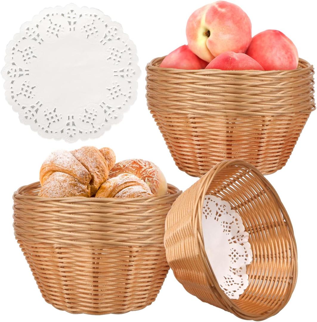 12 Pcs Round Small Plastic Bread Basket, Wicker Basket for Serving 7x7x3 Inch Woven Food Storage Basket, Fruit Basket, Gift Basket (Comes with Food Blotting Sheets) Brown