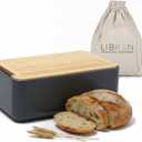 LIBKEN Bread Box Extra Thick Steel Bread Bin with Bamboo Cutting Board Lid & Drawstring Bread Bag - Modern Scandinavian Metal Box for Kitchen Countertop, Sourdough & Homemade Bread - Black