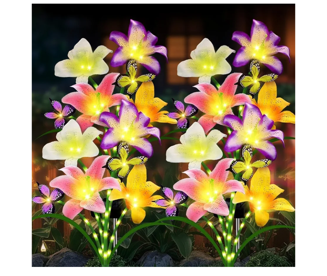 Solar Garden Lights 4 Pack LEDs Solar Lilies Flower Lights, Yard Patio Pathway Decoration High Flexibility Copper Wire Handmade Silk Artificial Flowers Never Wither, Gift for Family Friends