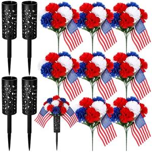 Rivvlive 4 Sets 4th of July Patriotic Cemetery Flowers for Grave 8 Bunches Red White Blue Artificial Floral with American Flag Grave Vase for Gravesite Headstone Tombstone Veterans Decor(Carnation)