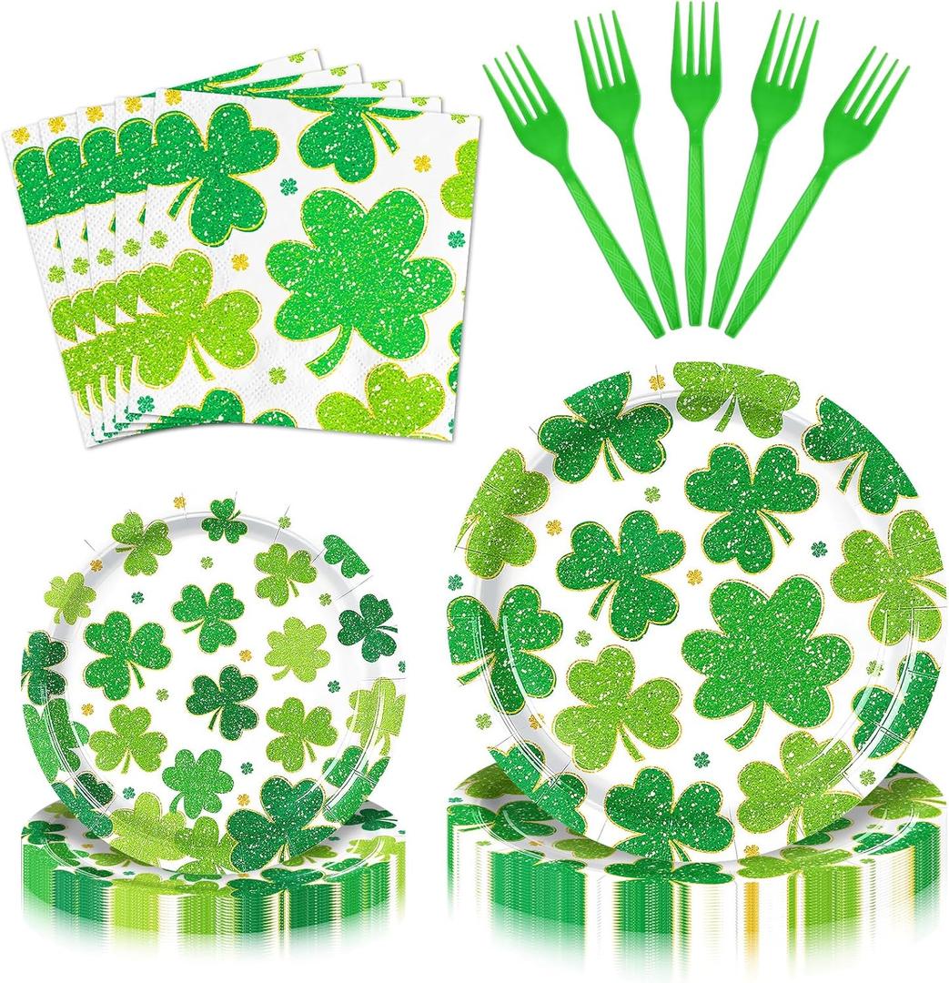 100 Pcs St. Patricks Day Tableware Party Supplies  Disposable Shamrock Dinnerware Set with Paper Plates, Napkins, and Forks for Irish Party, St. Paddys Day Celebrations  Serves 25