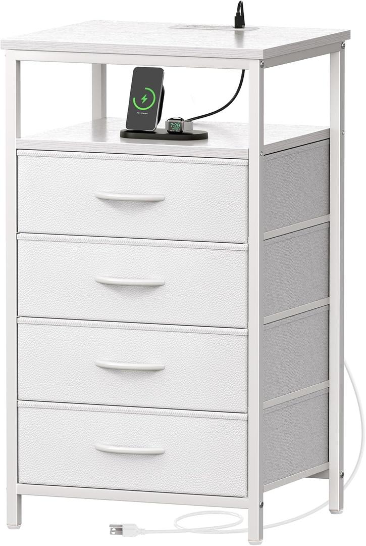 Night Stand with Charging Station, Multiple Drawer Dresser for Bedroom, Bedside Table, Tall Nightstand with PU Leather Finish, Open Shelf, End Table, for Closet, Entryway, Bedroom, White
