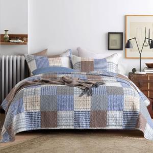 Secgo King Size Comforter Set- 100% Cotton Quilt King Size Set, Bule, Plaid bedspreads (96 * 108 Inch) with 2 Pillow Shams, Patchwork Reversible Lightweight Bedding (King(98"x106"), Breeze)