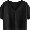 SweatyRocks Women's Casual V Neck Short Sleeve Soild Basic Crop Top T-Shirt (Medium, Black-3)