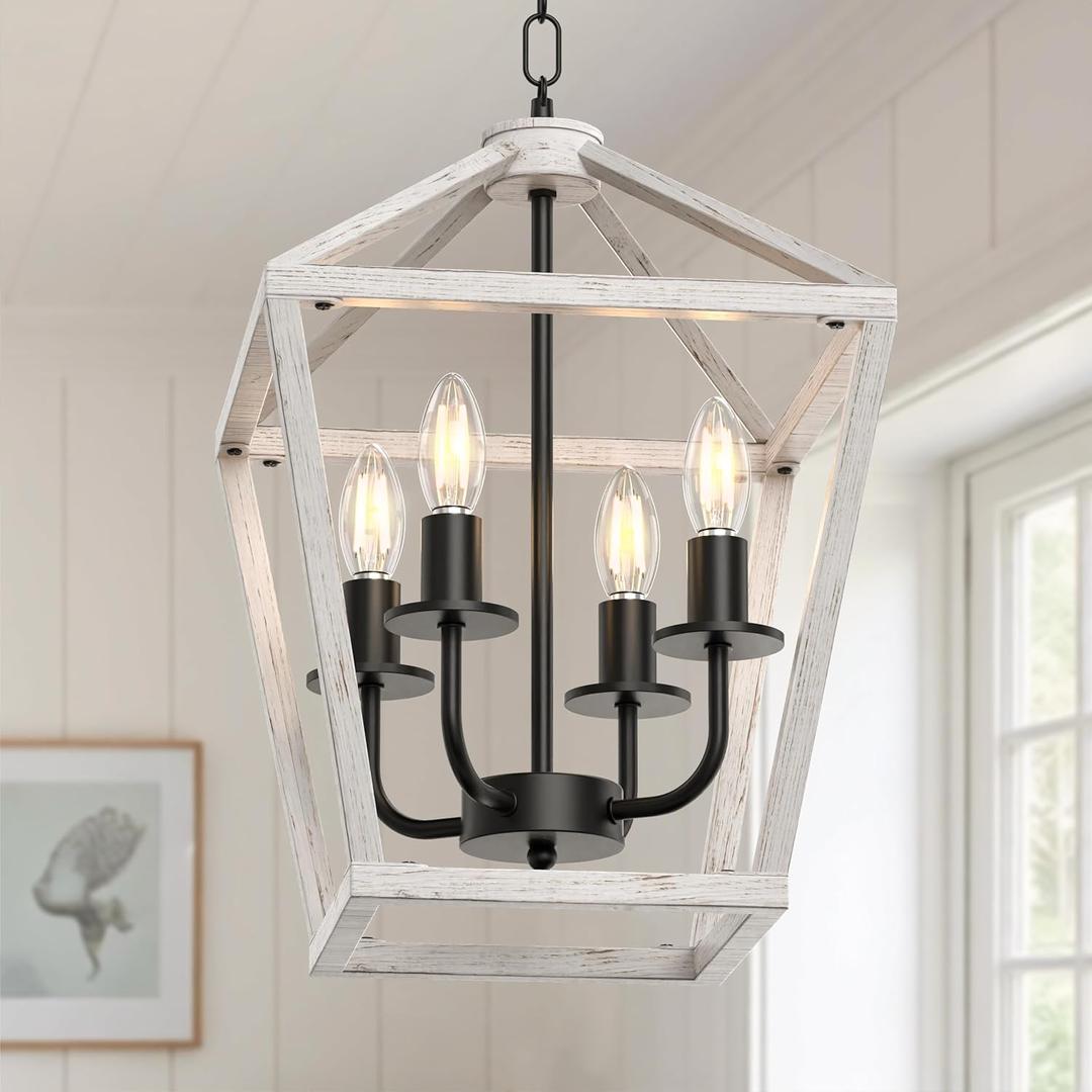 Farmhouse Lantern Chandelier 4-Light, Industrial Brushed White Oak Ceiling Light Fixture with Open Cage and Adjustable Hanging Height, E12 Base for Kitchen Island, Dining Room, Entryway, Foyer