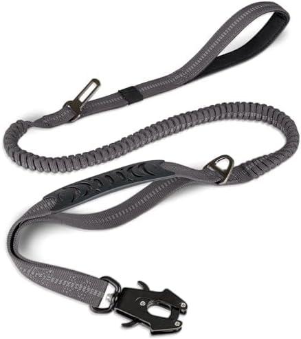 Joytale Tactical Dog Leash Heavy Duty, 4-6FT Shock Absorbing Bungee Lead with 2 Padded Handle, Metal Carabiner Clip, Car Seatbelt, Strong No Pull Leash for Medium Large X-Large Dogs, Gray