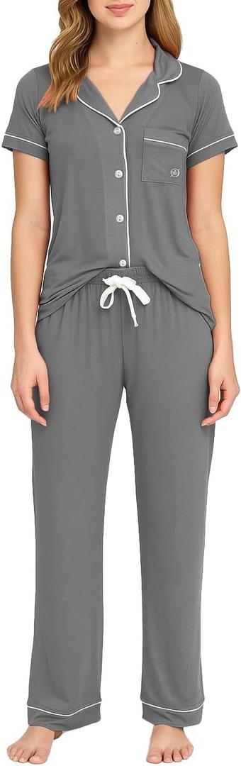 BORN Womens Button Down Pajama Set, Short Sleeve PJ Set with Pants | Soft & Breathable (Small, Charcoal)