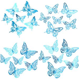 48Pcs 3D Butterfly Wall Decor - 3 Sizes, 4 Styles Decorations for Party, Birthday, Cake - Removable Shiny Blue Stickers for Kids, Baby, Girls Bedroom, Classroom, Offices